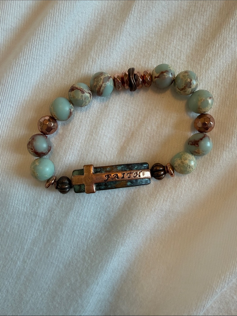 Cross Turquoise Beaded Stretch Bracelet - Blue Green and Bronze